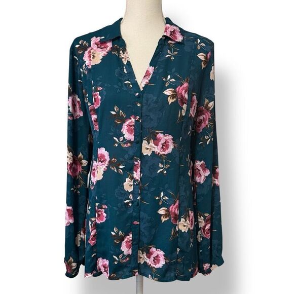 Torrid Harper Teal Floral Long Sleeve Tie Back Blouse Sz OX 1X XXL - Picture 4 of 12